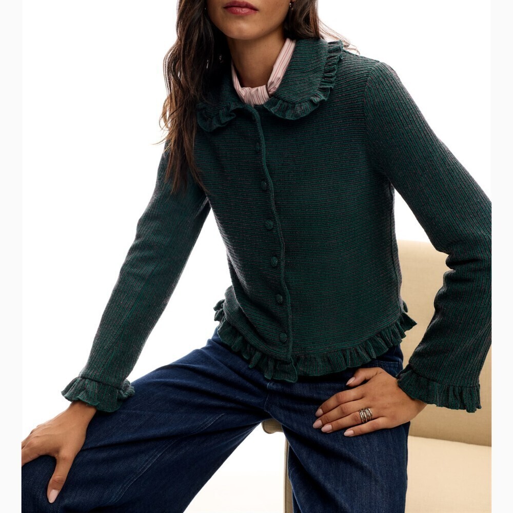 Green Ribbed Knit Ruffle Collar Button Front Cropped Cardigan - Picture 3 of 7